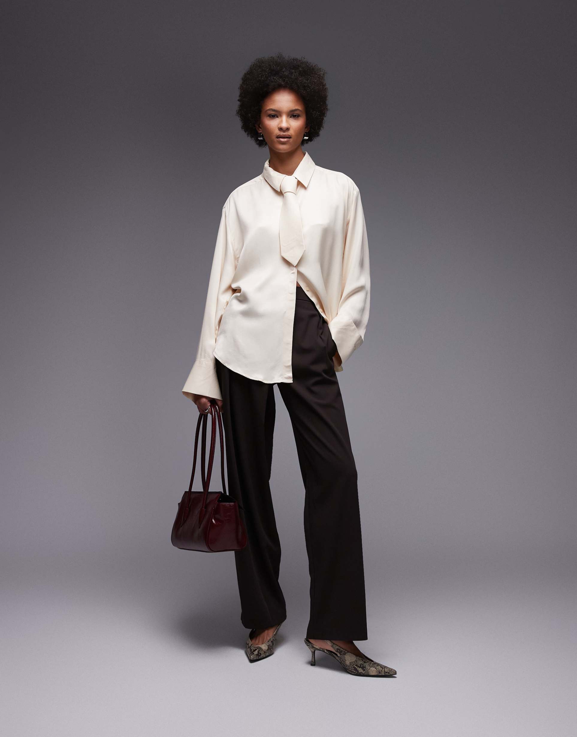 asos design satin oversized shirt with necktie in stone