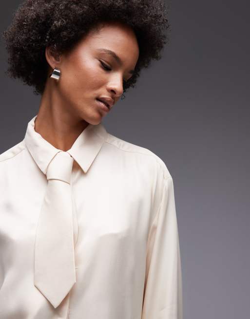 ASOS DESIGN satin oversized shirt with necktie in stone