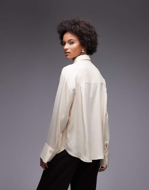 ASOS DESIGN satin oversized shirt with necktie in stone