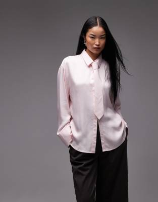 Asos Design Satin Oversized Shirt With Tie In Pink