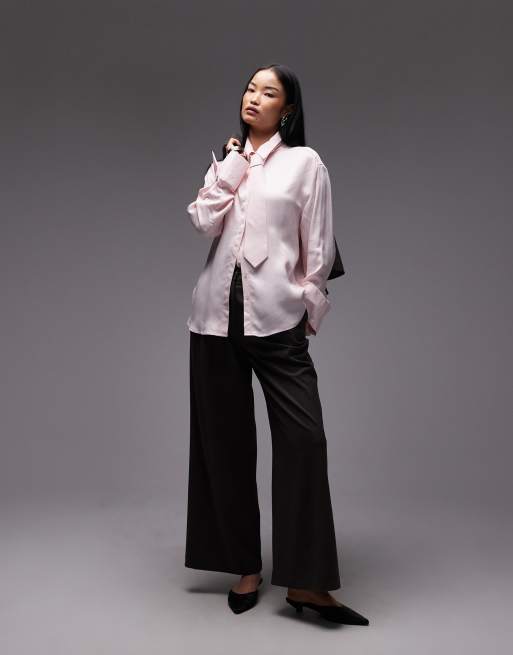ASOS DESIGN satin oversized shirt with tie in pink