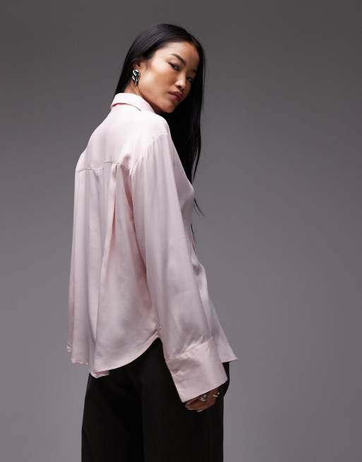ASOS DESIGN satin oversized shirt with tie in pink
