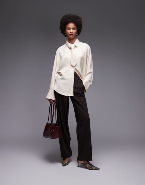 ASOS DESIGN satin oversized shirt with tie in stone - view 1
