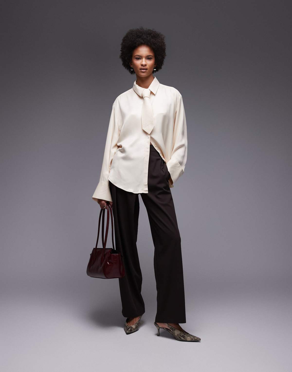 ASOS DESIGN satin oversized shirt with tie in stone