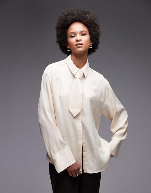 ASOS DESIGN satin oversized shirt with tie in stone, 3 of 4