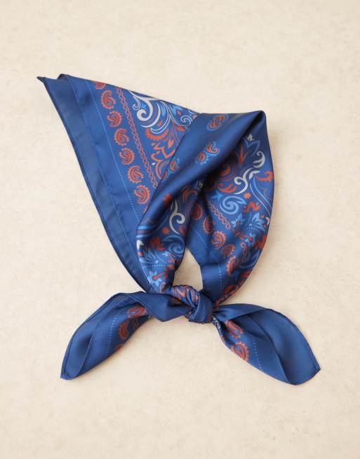ASOS DESIGN satin paisley print bandana in blue and orange , 2 of 3