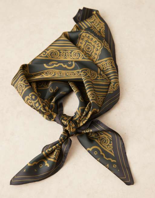 ASOS DESIGN satin paisley print headscarf in black and gold