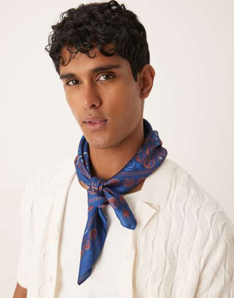 ASOS DESIGN satin paisley print headscarf in blue and orange - view 1