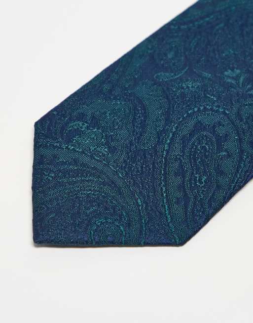 ASOS DESIGN satin paisley print tie in navy and green, 3 of 3
