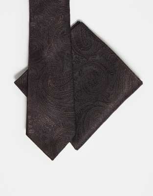 ASOS DESIGN ASOS DESIGN satin paisley tie and pocket square with paisley print in brown