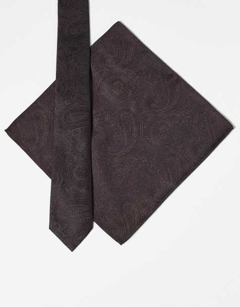 ASOS DESIGN satin paisley tie and pocket square with paisley print in brown - view 1