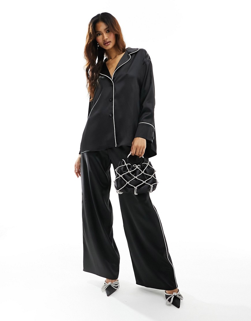 Asos Design Satin Pajama Shirt With Piping Detail In Black - Part Of A Set