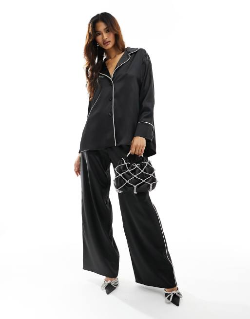 ASOS DESIGN satin pajama shirt with piping detail in black part of a set