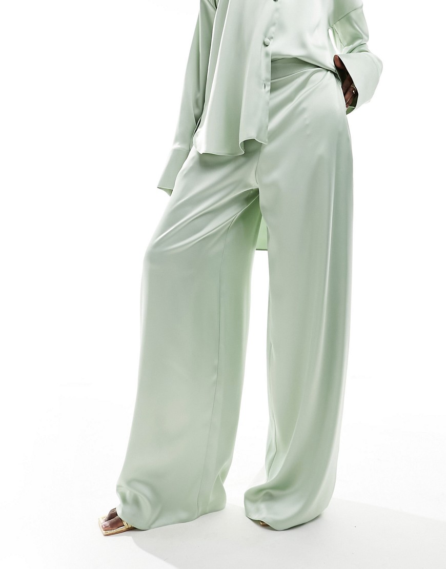 Asos Design Satin Pajama Wide Leg Pants In Sage Green - Part Of A Set