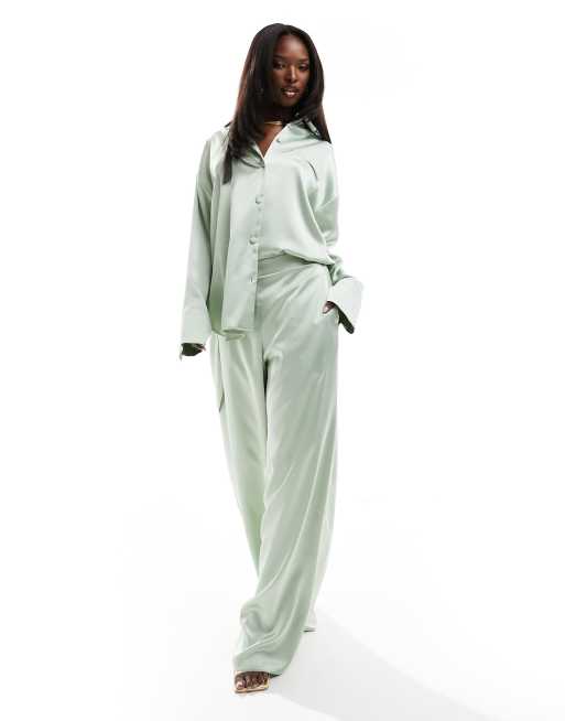 ASOS DESIGN satin pajama wide leg pants in sage green - part of a set