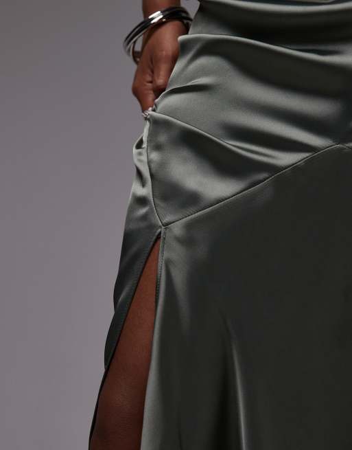 ASOS DESIGN satin panel bias maxi skirt in khaki, 3 of 5