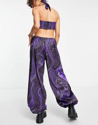 ASOS DESIGN satin parachute pants in marble print - part of a set