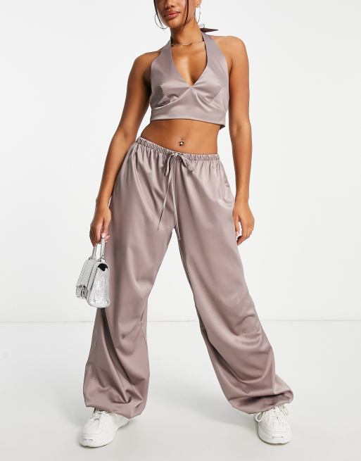 ASOS DESIGN satin bralette, pant and robe pajama set in chocolate