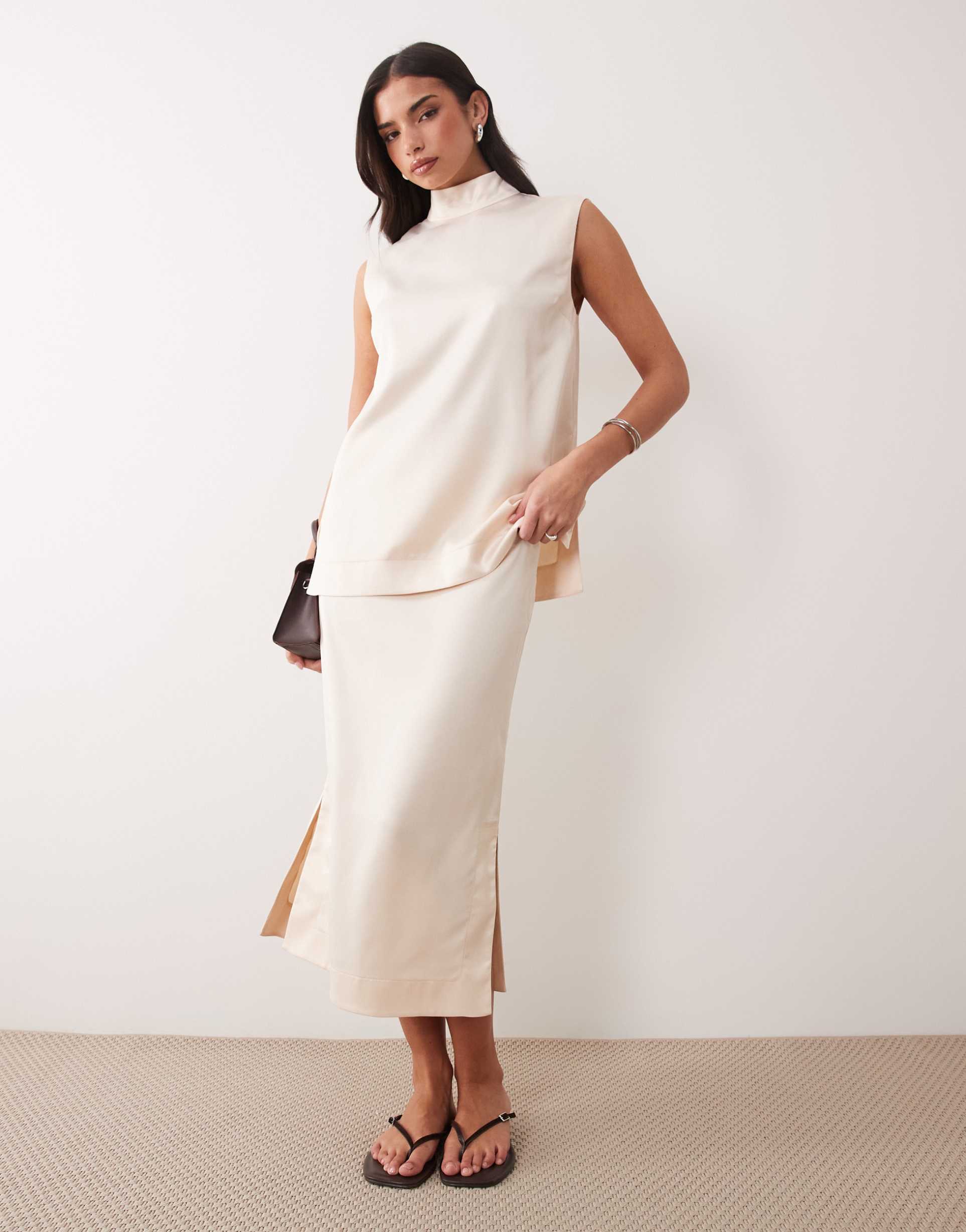 asos design satin pencil midi skirt in cream - part of a set