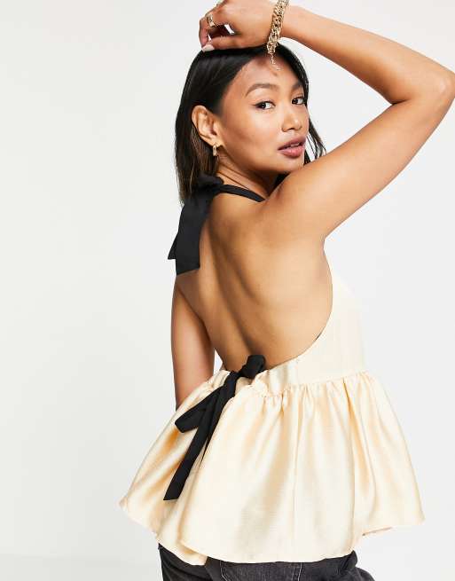 ASOS DESIGN satin peplum cami with contrast tie in peach