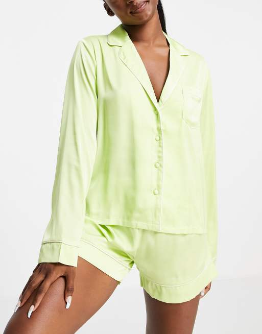 ASOS DESIGN satin piped long sleeve shirt short pajama set in lime