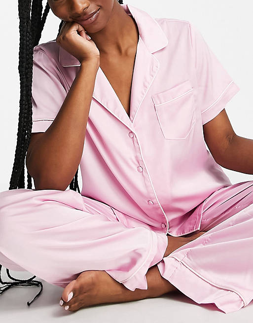 ASOS DESIGN satin piped short sleeve shirt & pant pajama set in lilac