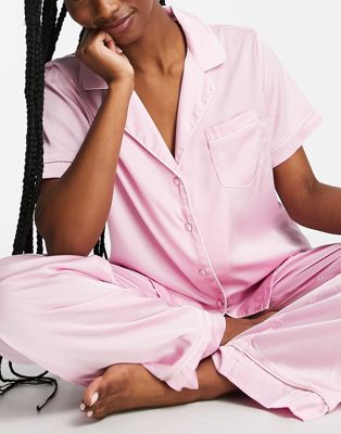 ASOS DESIGN satin piped short sleeve shirt & trouser pyjama set in lilac | ASOS
