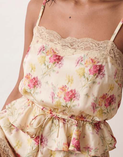 ASOS DESIGN satin playsuit with lace trims in vintage floral, 3 of 4