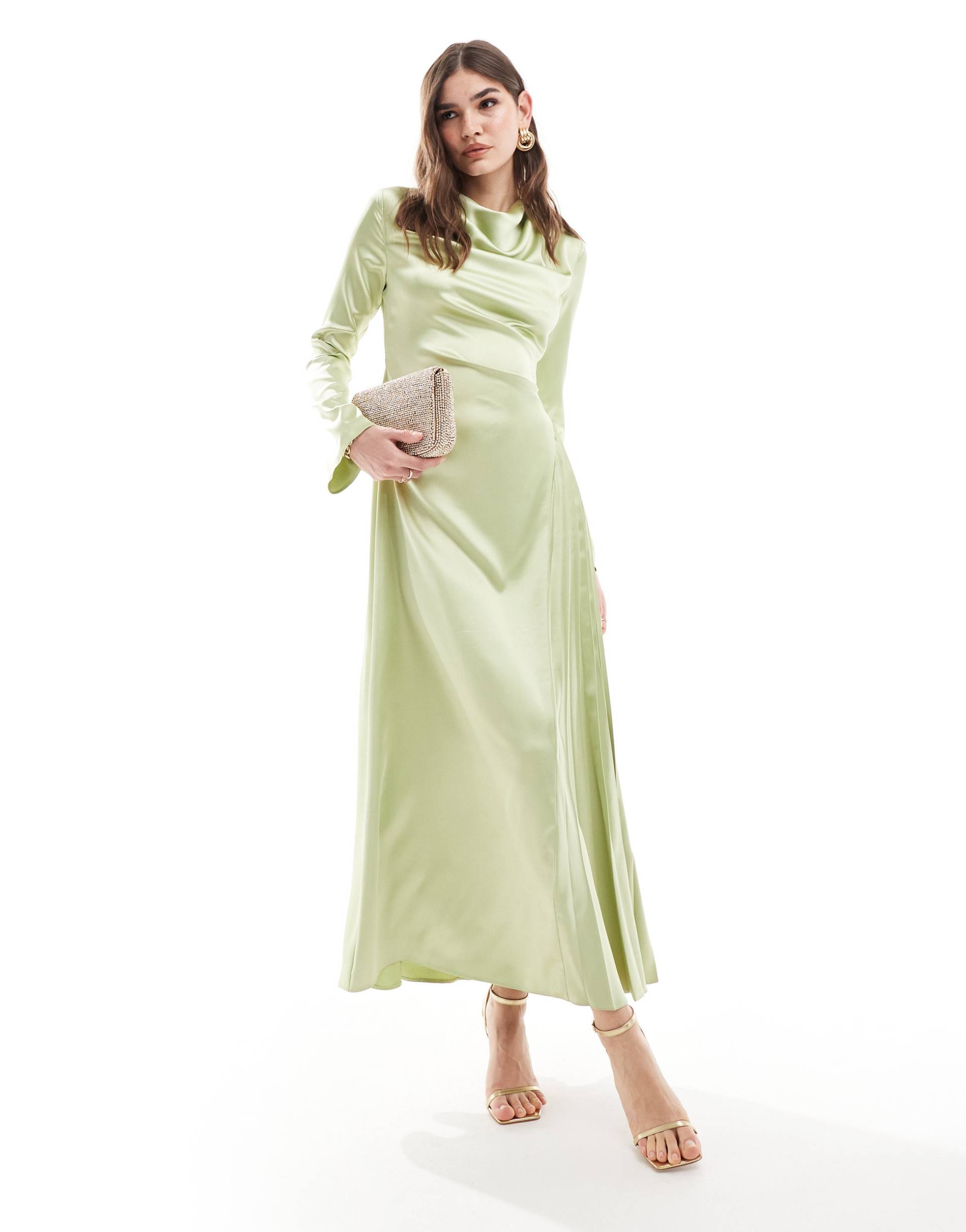 asos design satin pleat detail maxi dress in pistachio