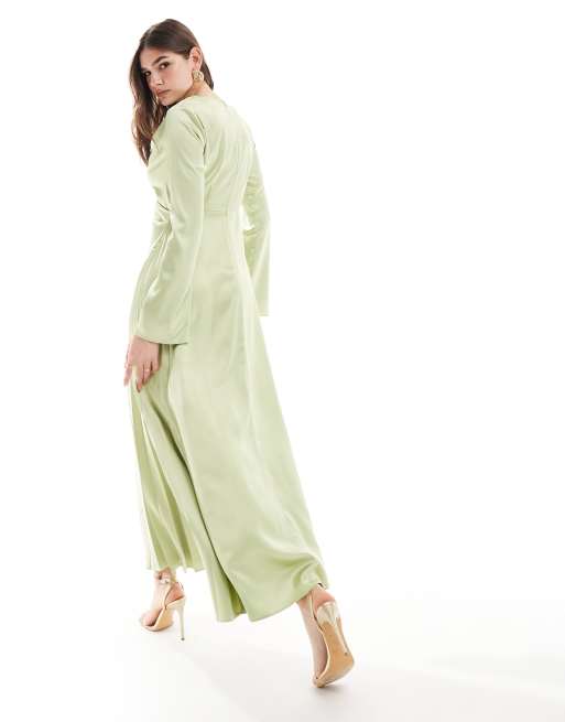 ASOS DESIGN satin pleat detail maxi dress in pistachio, 2 of 4
