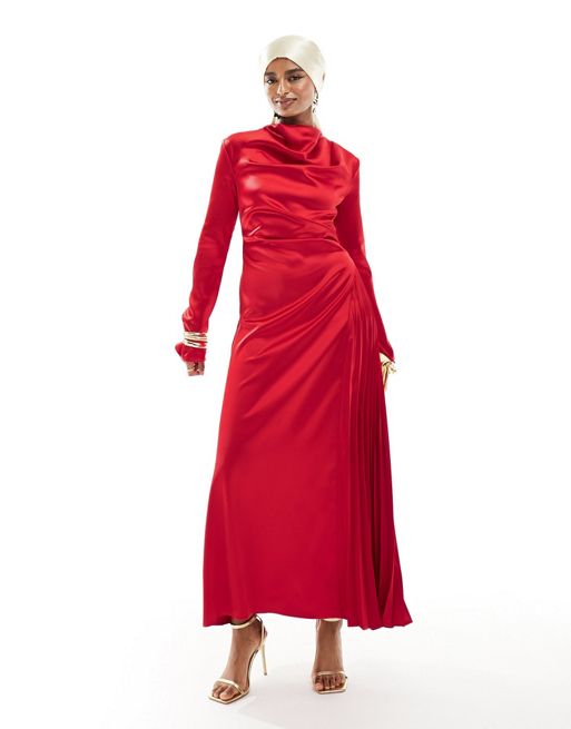 FhyzicsShops DESIGN satin pleat detail maxi dress in red