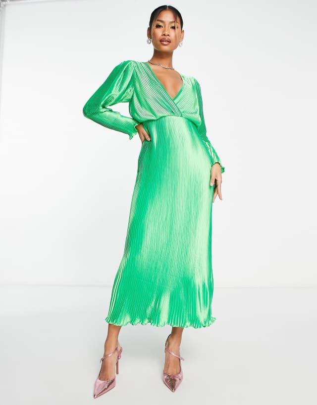 ASOS DESIGN satin pleat detail plunge midi dress in green