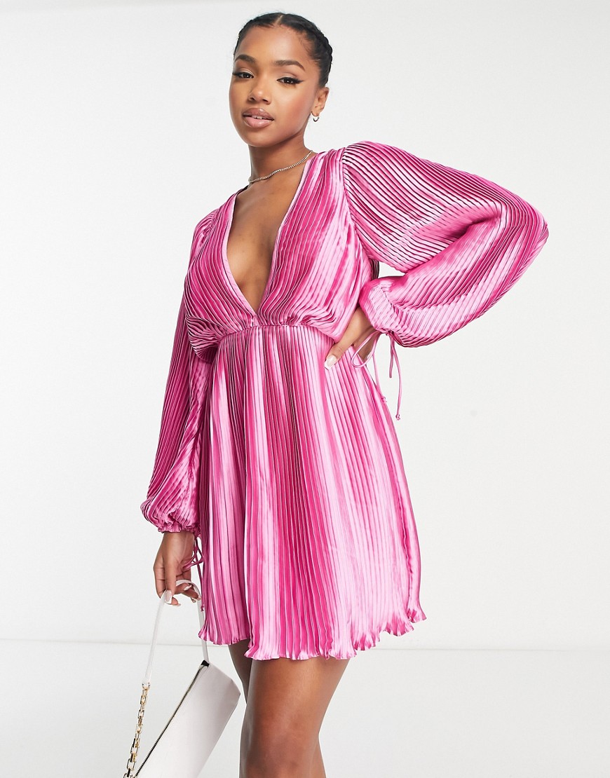 ASOS DESIGN satin pleat detail plunge mini dress with blouson sleeves in pink