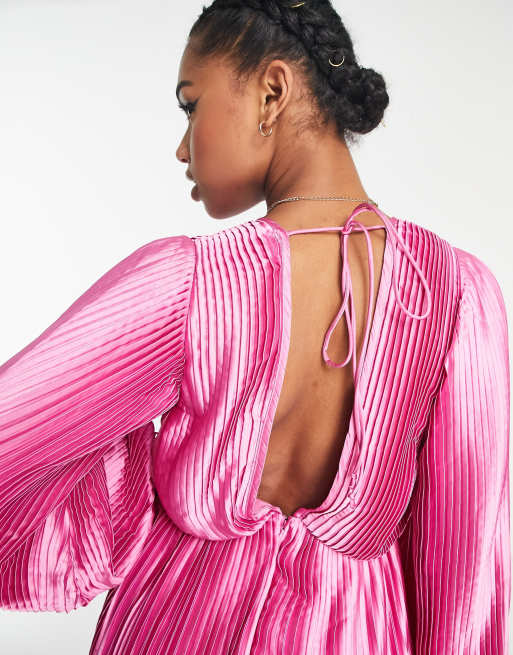 ASOS DESIGN satin pleat detail plunge mini dress with blouson sleeves in  pink