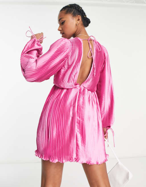 ASOS DESIGN satin pleat detail plunge mini dress with blouson sleeves in  pink