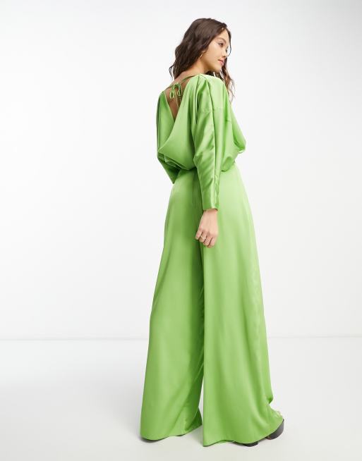 ASOS DESIGN satin long sleeve batwing blouse and wide leg pants set in green, 3 of 3