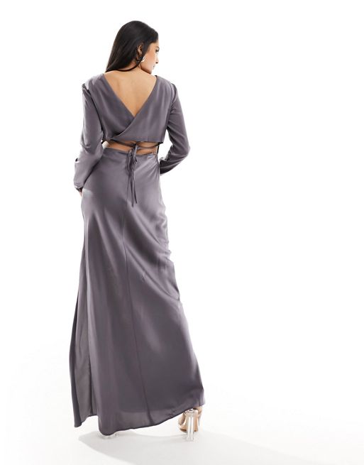 ASOS DESIGN satin pleat maxi dress with cross open back in grey | ASOS