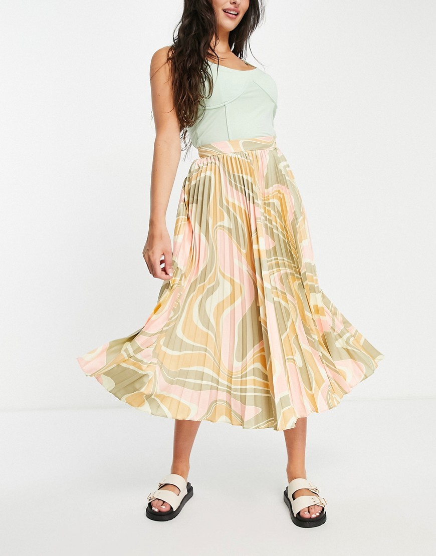 ASOS DESIGN satin pleated midi skirt in 70s swirl print-Multi