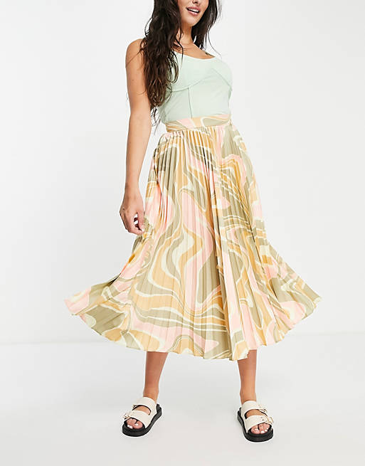 ASOS DESIGN satin pleated midi skirt in 70s swirl print