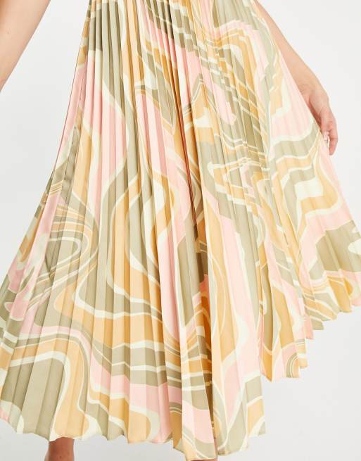 ASOS DESIGN satin pleated midi skirt in 70s swirl print