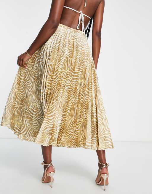 ASOS DESIGN satin pleated midi skirt in beige and white zebra print, 2 of 4