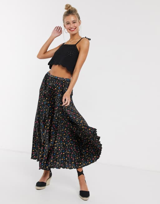 ASOS DESIGN satin pleated midi skirt in black based floral print