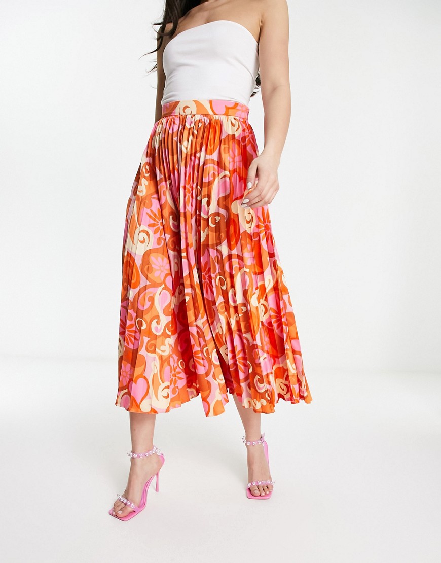 Asos Design Satin Pleated Midi Skirt In Bright Pink Abstract Print-multi