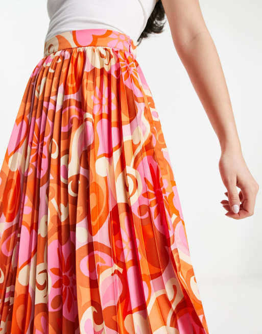 ASOS DESIGN satin pleated midi skirt in bright pink abstract print