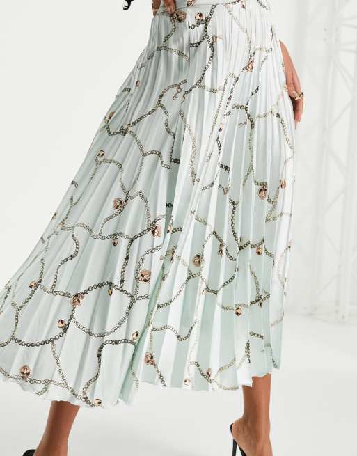 ASOS DESIGN satin pleated midi skirt in chain print
