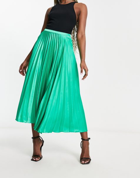 ASOS DESIGN satin pleated midi skirt in emerald green - view 1