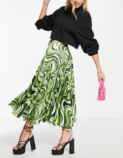 ASOS DESIGN satin pleated midi skirt in green swirl print