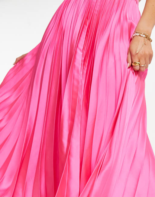 ASOS DESIGN satin pleated midi skirt in hot pink