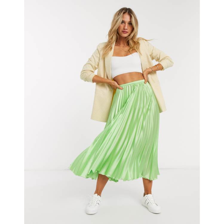 ASOS DESIGN satin pleated midi skirt in lime green