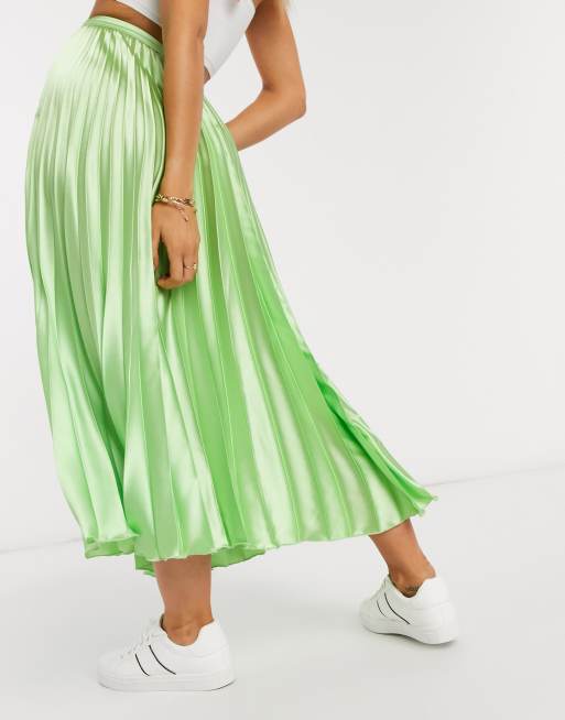 ASOS DESIGN satin pleated midi skirt in lime green